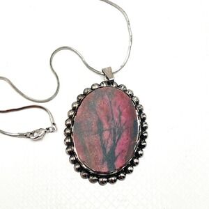 Vintage Pink Stone Rhodonite Oval Slab Pendant Silver Tone 16" Necklace